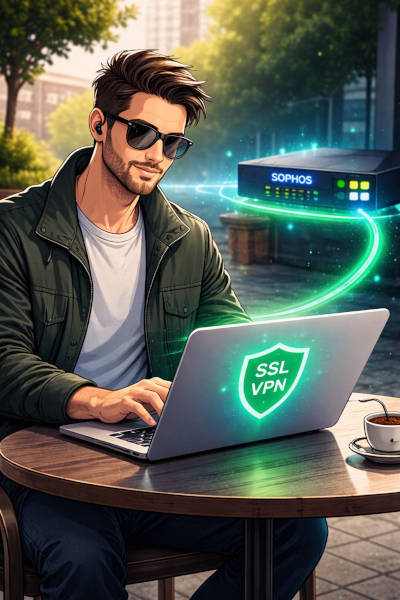 Mann am Laptop verbunden mit Sophos VPN Server
