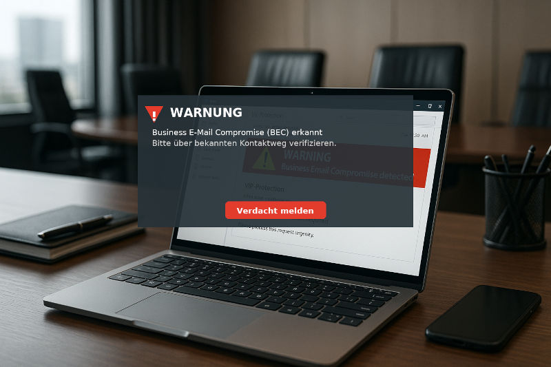 Warnbanner bei Verdacht auf CEO-Betrug (BEC) am Executive-Schreibtisch