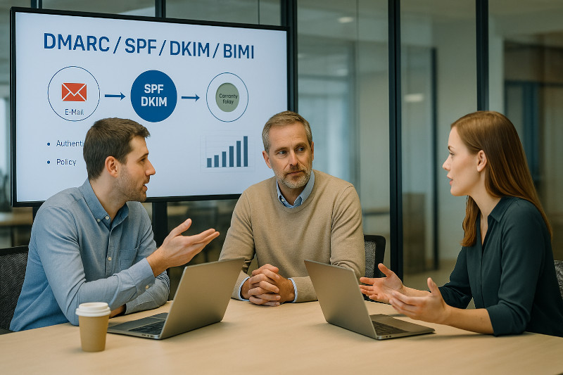 Drei Personen diskutieren vor einem DMARC/BIMI-Dashboard im Meetingraum über Absendernachweis und Markenanzeige