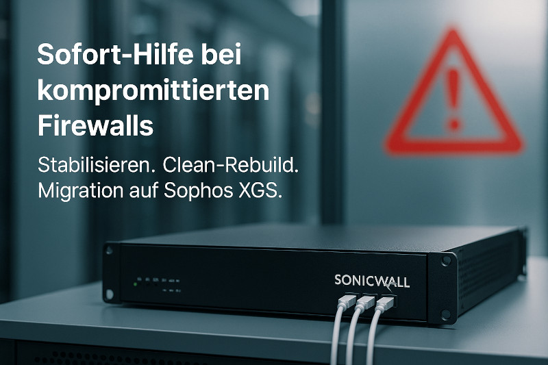 SonicWall-Firewall im Serverrack, unscharfes rotes Warnsymbol im Hintergrund – Beitrag zur Sofort-Hilfe nach kompromittierten Cloud-Backups.