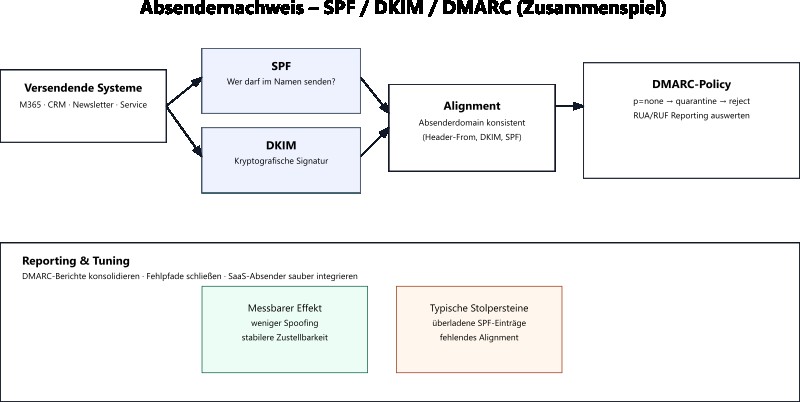 Diagramm zum Zusammenspiel von SPF, DKIM und DMARC mit Reporting und Tuning