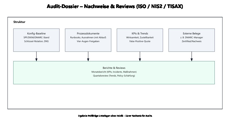 Übersicht eines Audit-Dossiers mit Baseline, Prozessen, KPIs/Trends und externen Nachweisen